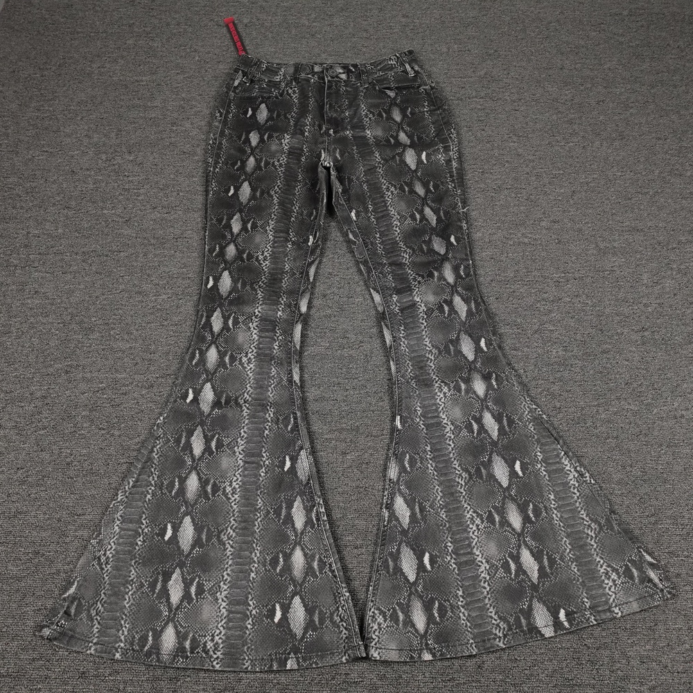 Rock & Roll Denim High Rise Bell Bottom Jeans Womens 29 Gray Snake Print 29x32